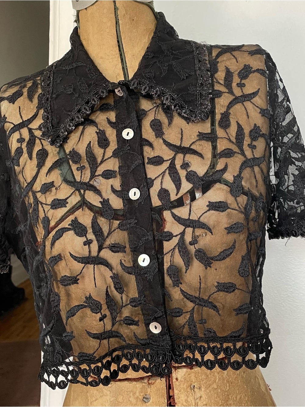 Sheer Black Lace Button-Front Crop Top